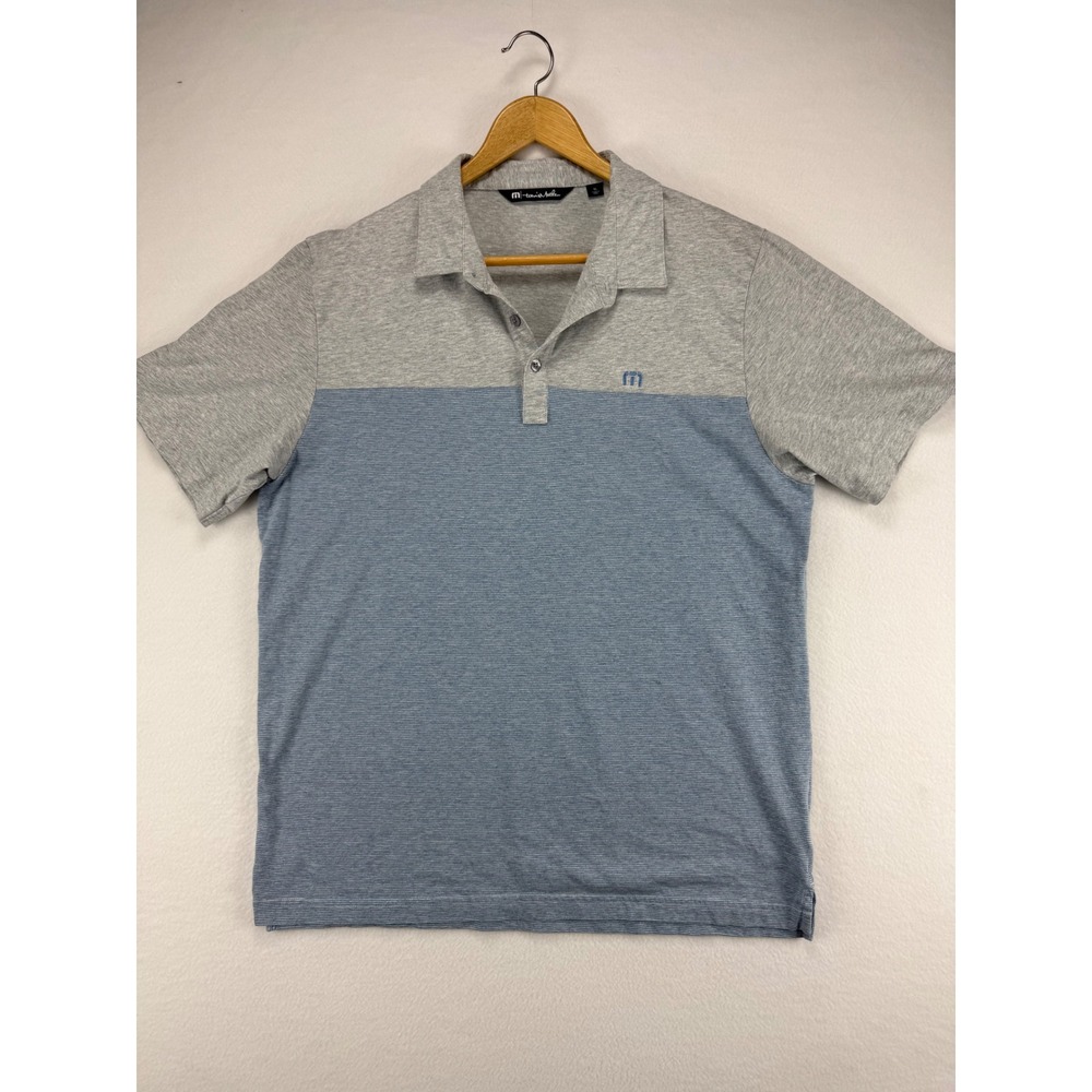 TravisMathew‎ Polo Shirt Mens XL Gray Blue Colorblock Striped Golf Performance